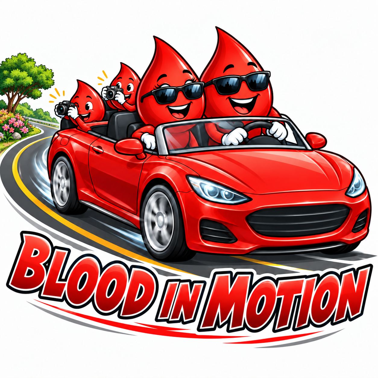 Blood in Motion: smiling blood-drop characters riding in a red convertible, with the Blood in Motion wordmark