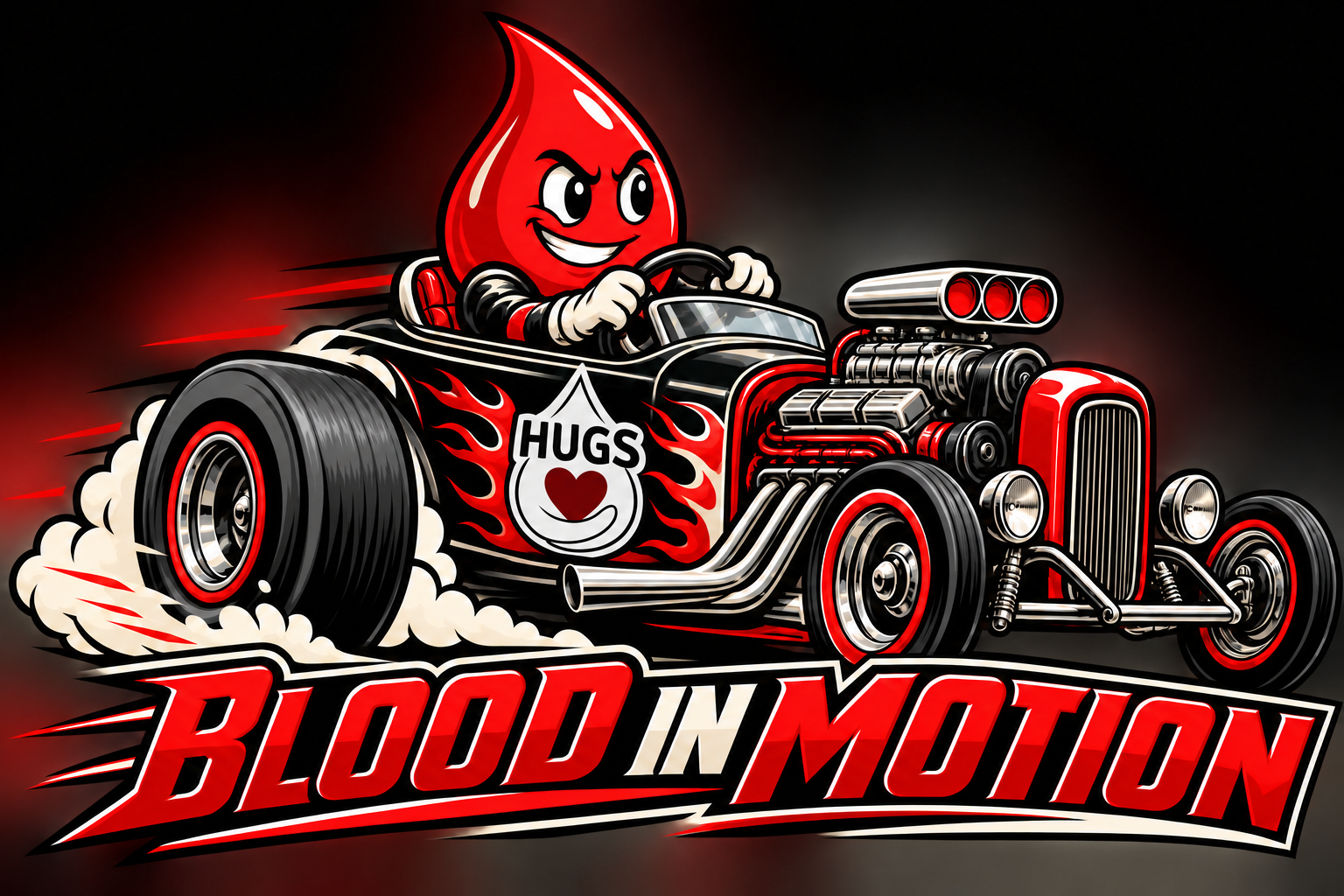 Wrap sticker concept: blood-drop character driving a black and red flame-painted hot rod with HUGS emblem and Blood in Motion lettering